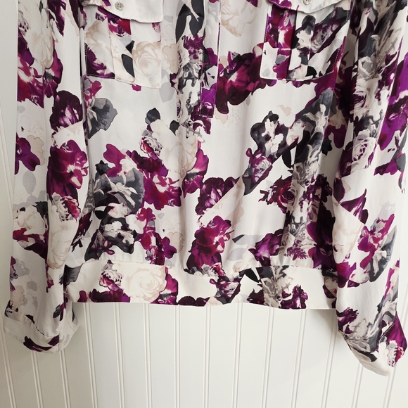 WHBM Floral Silk Button Up Blouse Collared Elastic Hem‎ Size 14P - Picture 7 of 12